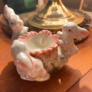 Vintage- Charming Ceramic Bunny Tea light holder - Pink and Cream